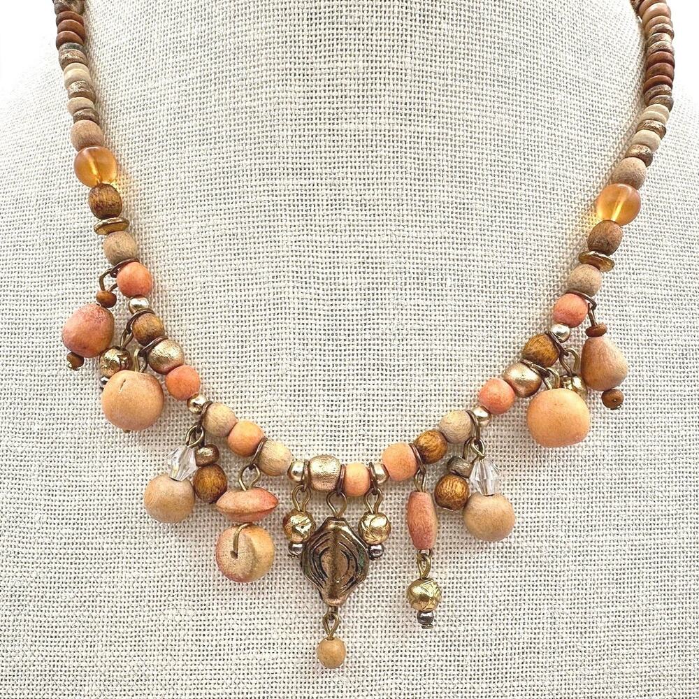 Vintage 70s Boho Colors Wood Shell Bead Dangle Choker Necklace Statement Jewelry